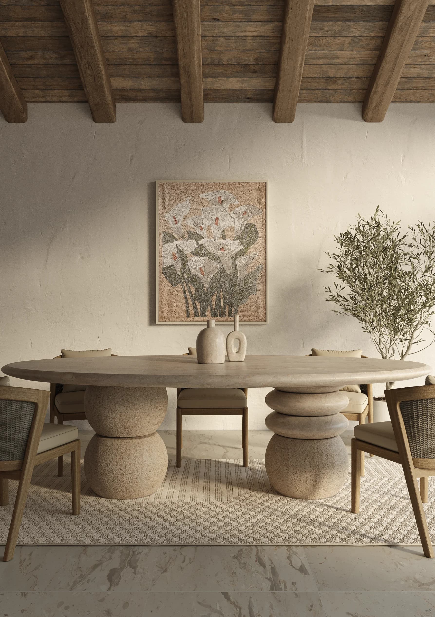 Sculptural travertine dining table beneath a framed calla-lily mosaic