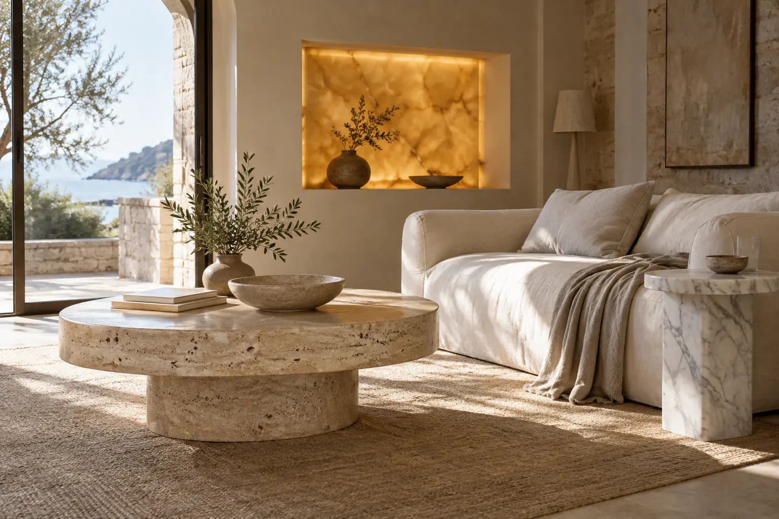 Living room with a beige travertine coffee table, a white marble side table and a softly backlit onyx wall niche