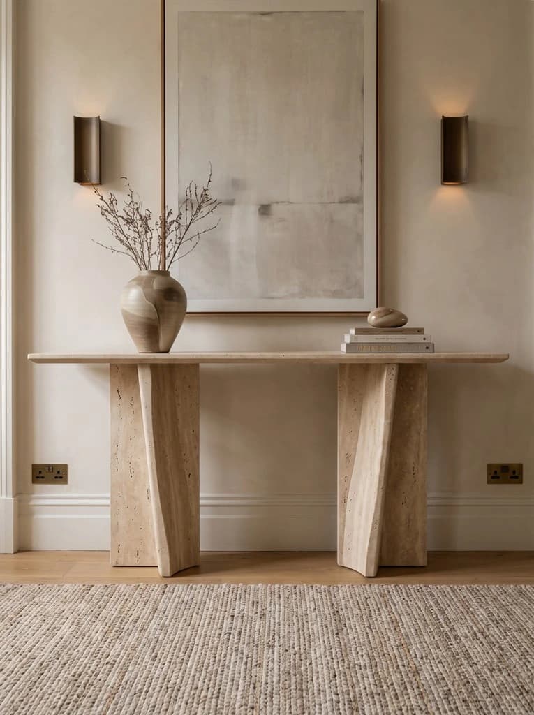 Vela beige travertine console with folded supports
